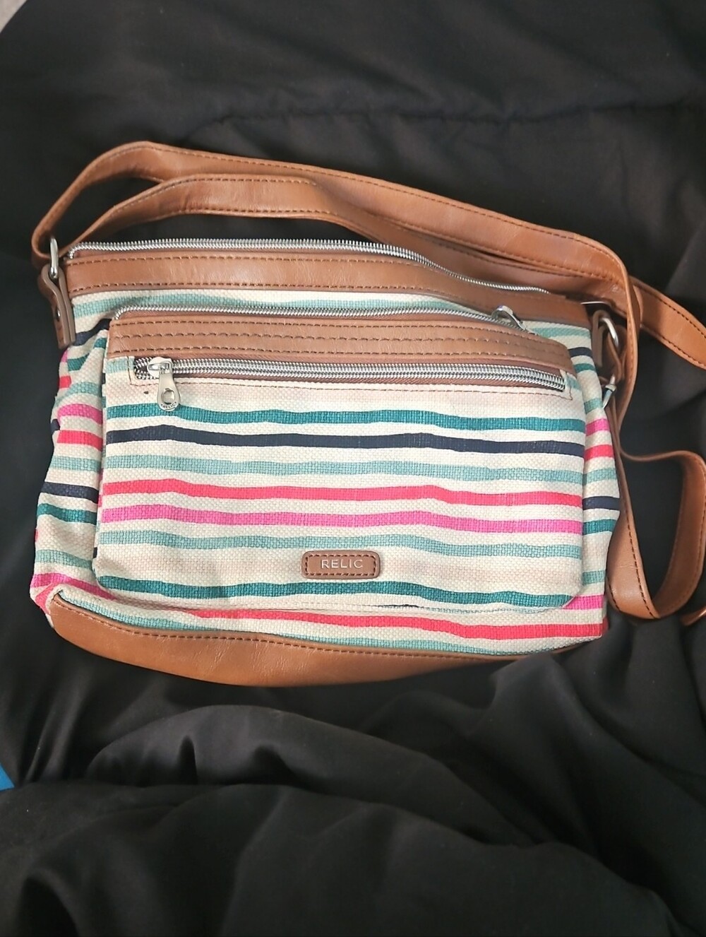 Relic Multicolor Striped Canvas Crossbody with Tan Trim